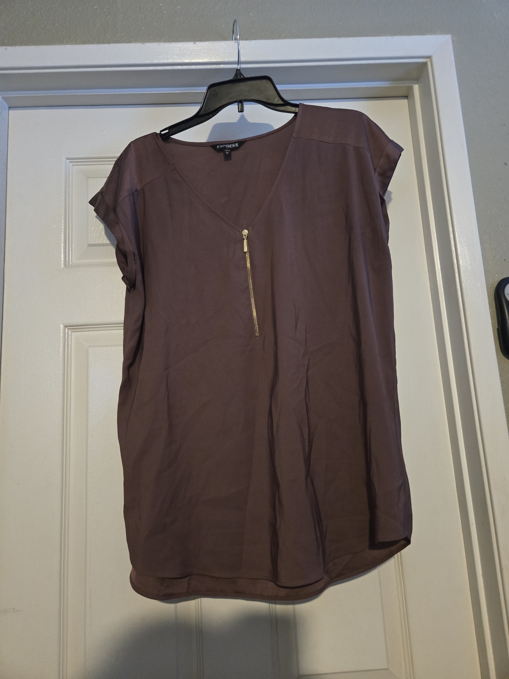 Express Mauve Short-Sleeve V-Neck Blouse with Gold Zip